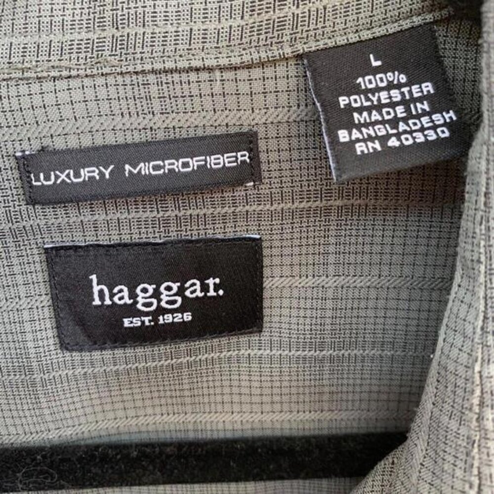 Haggar Mens Luury Microfibre Long Sleeve Gray Plaid Shirt Size L Defect - Picture 3 of 8